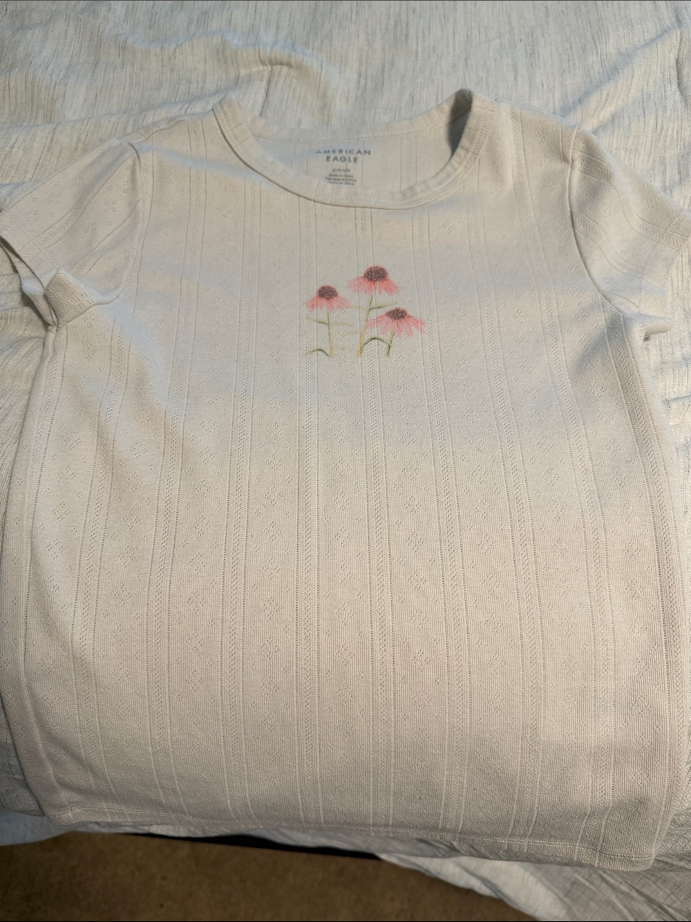 American Eagle Outfitters White Short Sleeve Tee with Pink Floral Motif